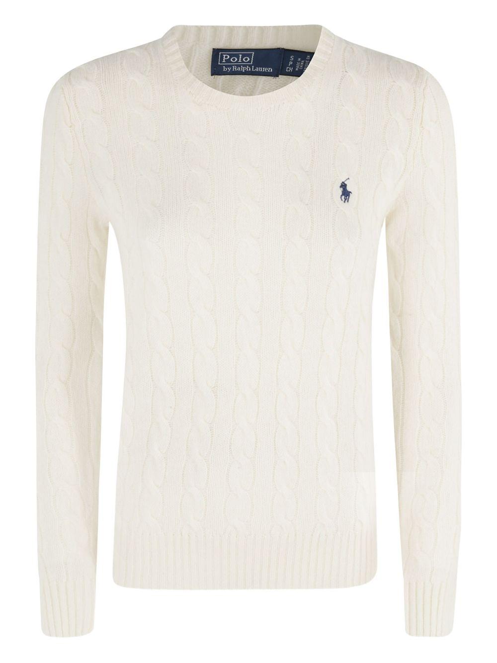 POLO RALPH LAUREN Maglia girocollo panna a trecce con logo blu a contrasto 