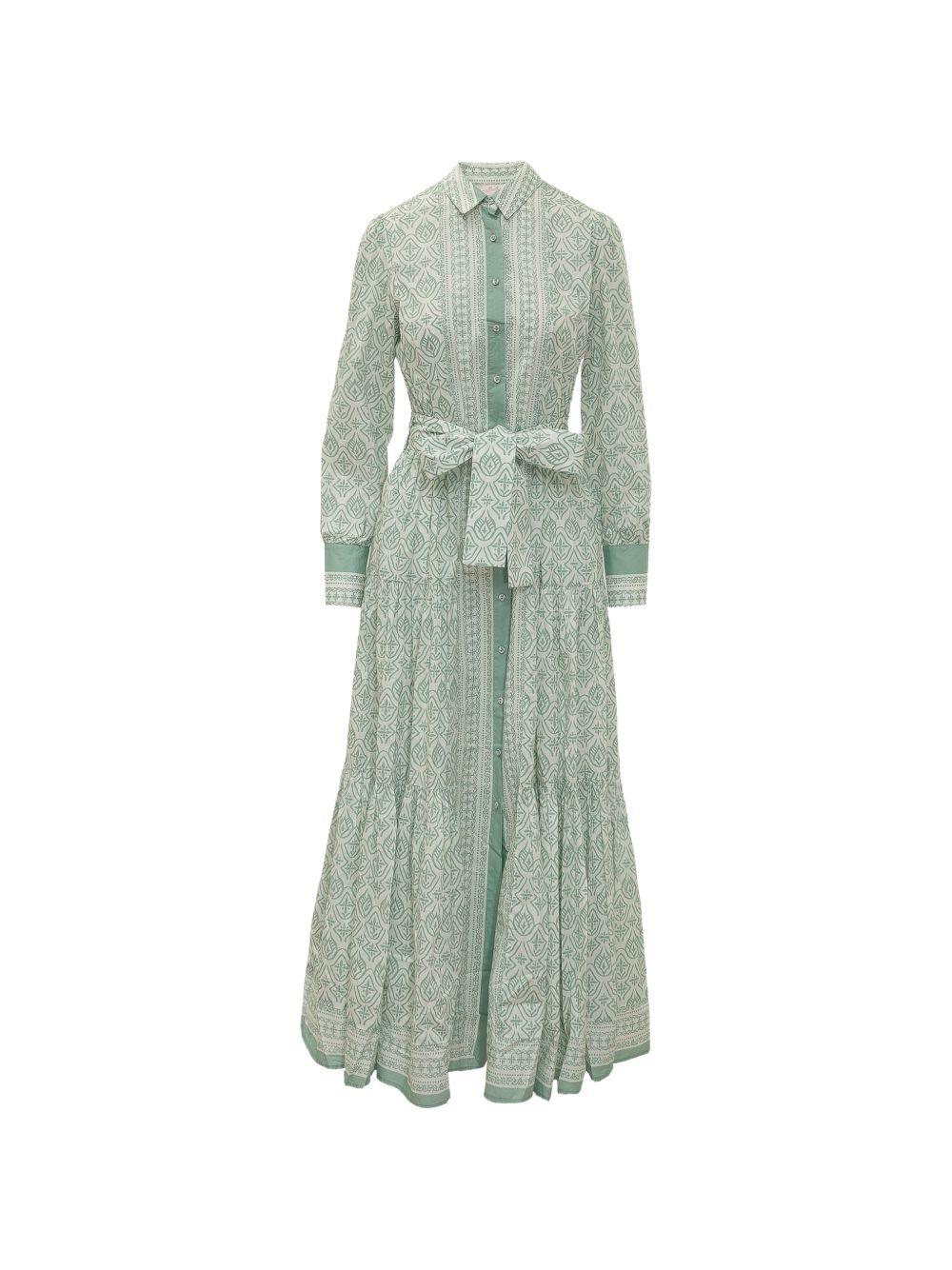 MC2 SAINT BARTH Abito lungo chemisier in cotone verde con cintura in vita 