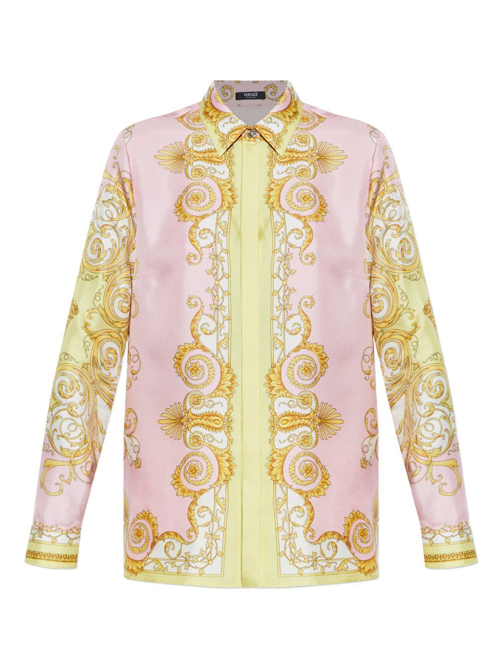 VERSACE Camicia in seta rosa chiaro e gialla 