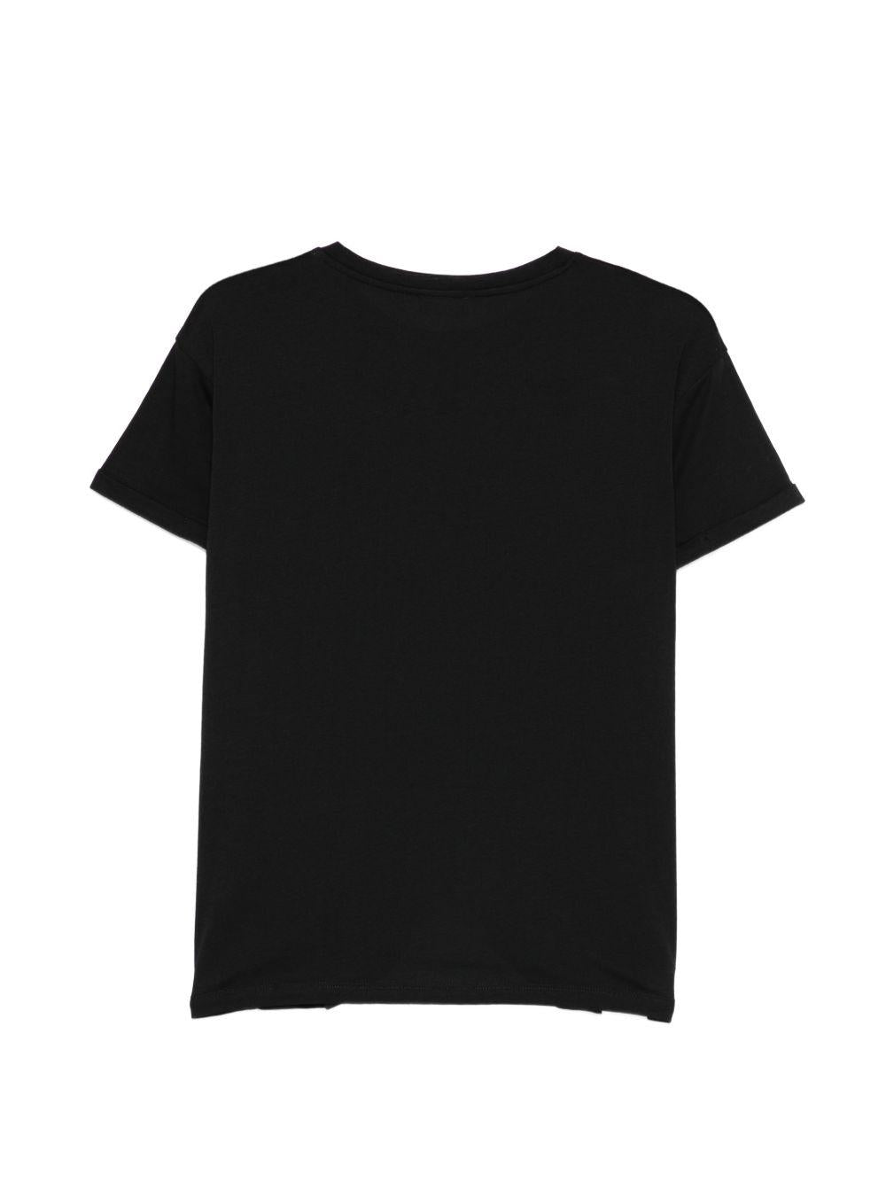 LIUJO T-shirt nera con logo e strass argentati sul petto 