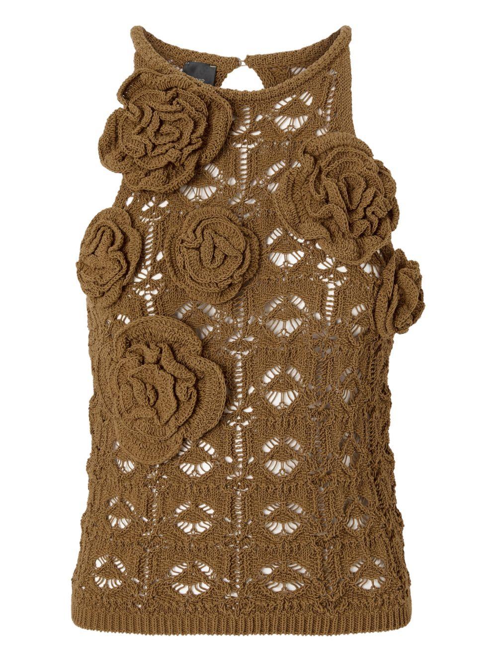 PINKO Top Nymphaea marrone in maglia con rose 