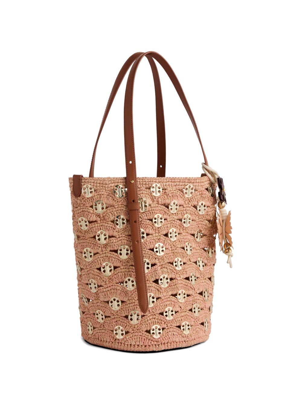RABANNE Borsa Bucket grande in rafia beige e color pesca con dischi d'oro firmati 1969 