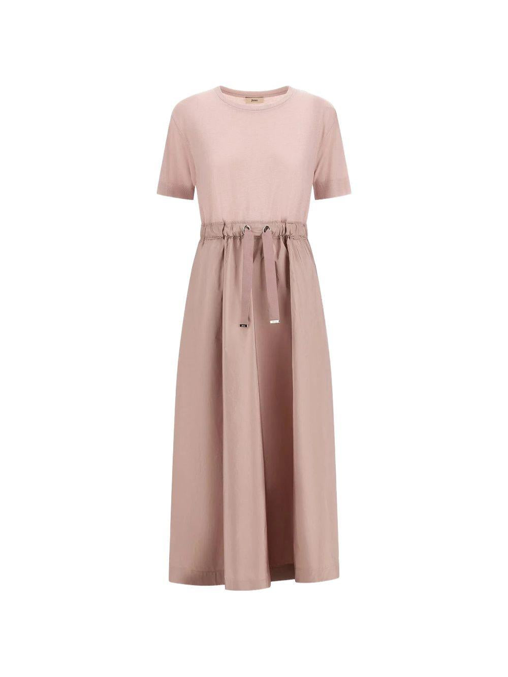 HERNO Abito midi combinato rosa antico con coulisse in vita 