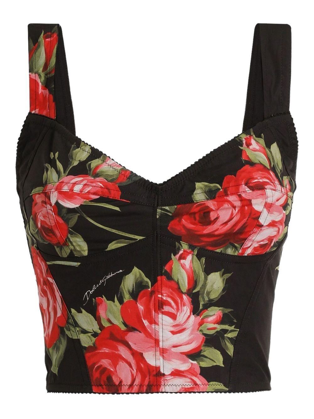 DOLCE e GABBANA Top nero in seta con stampa floreale 