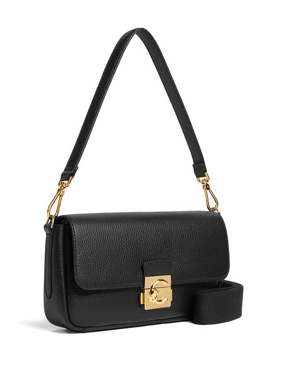 COCCINELLE Borsa a spalla in pelle nera con placca logo 