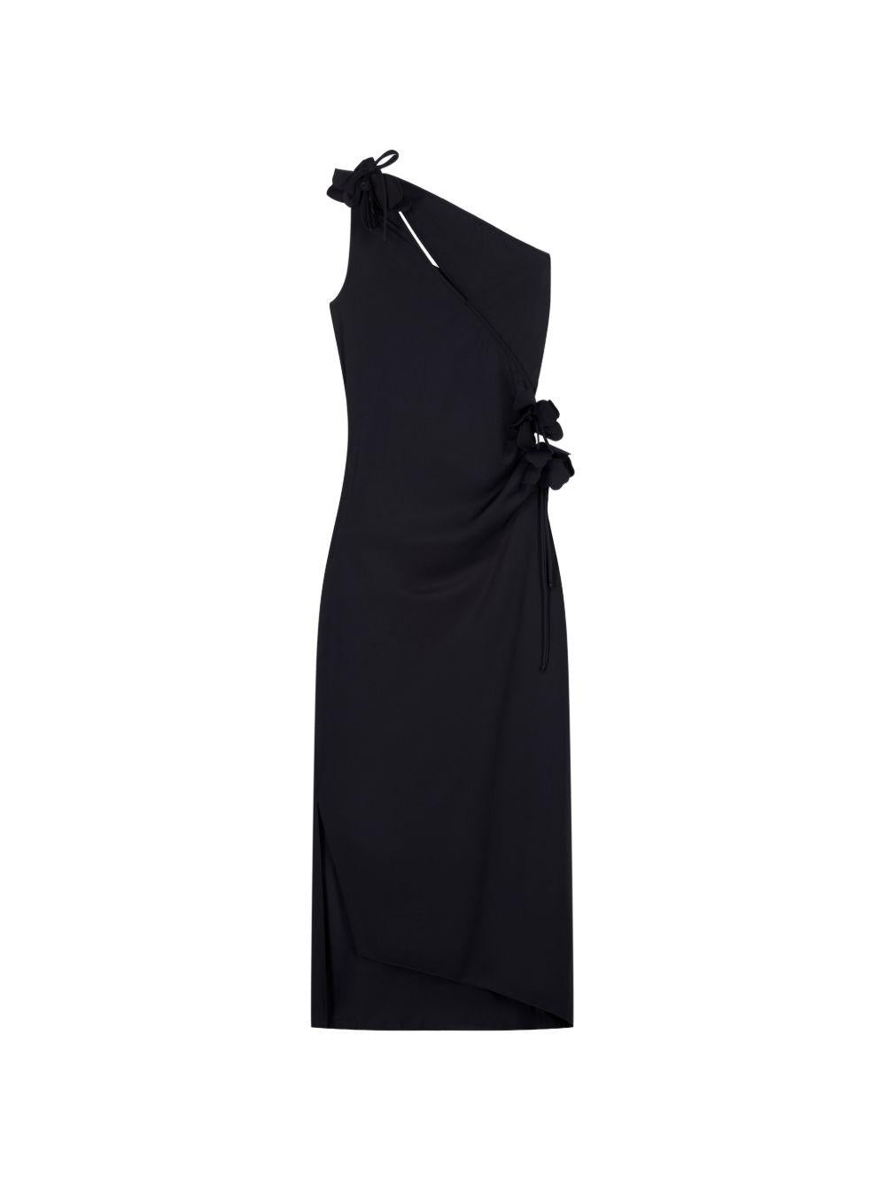 COPERNI Abito midi asimmetrico in jersey tecnico nero con nodi petalo 