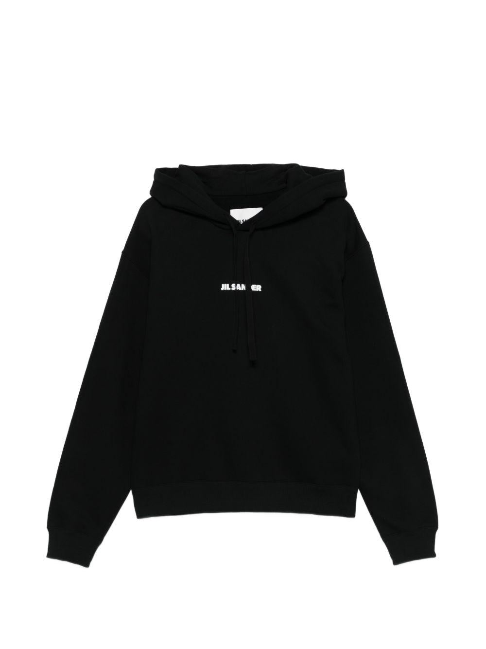 JIL SANDER Felpa in cotone nero con cappuccio e logo bianco 