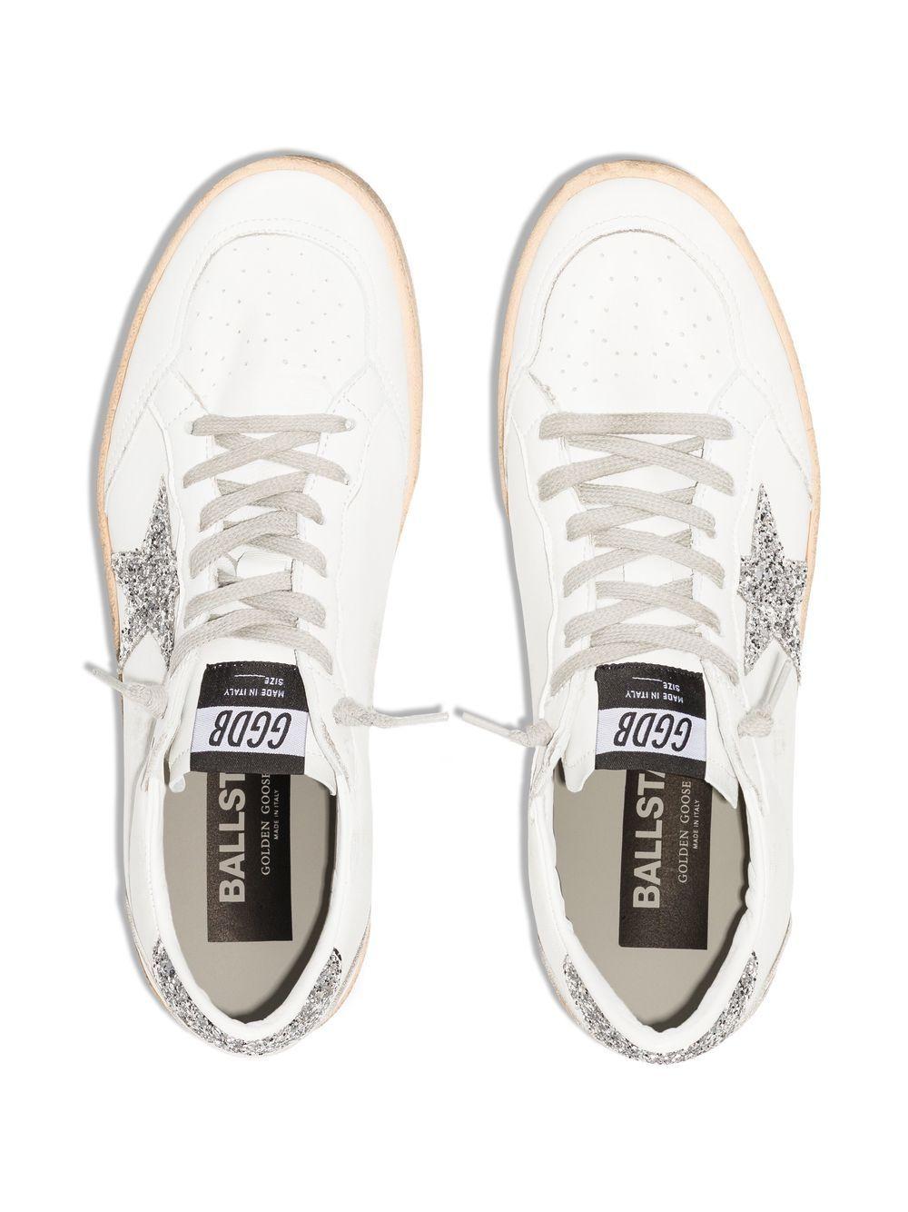 GOLDEN GOOSE Sneakers Ball Star in pelle bianca con dettagli glitter argento 