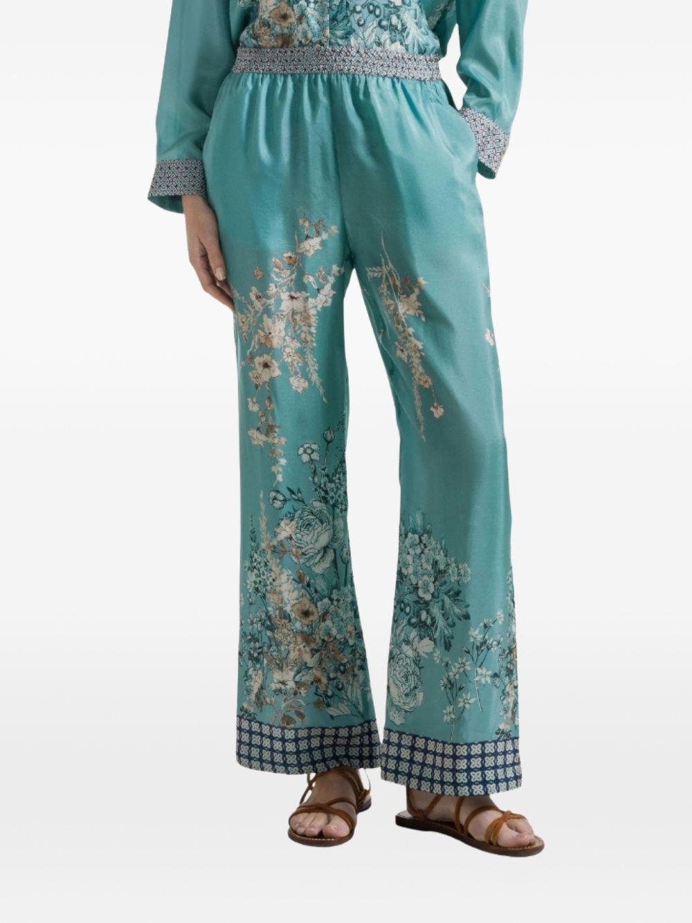 SEVENTY Pantaloni in seta verde con stampa floreale 