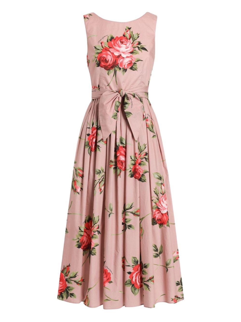 DOLCE e GABBANA Abito midi in cotone rosa con stampa fiori 