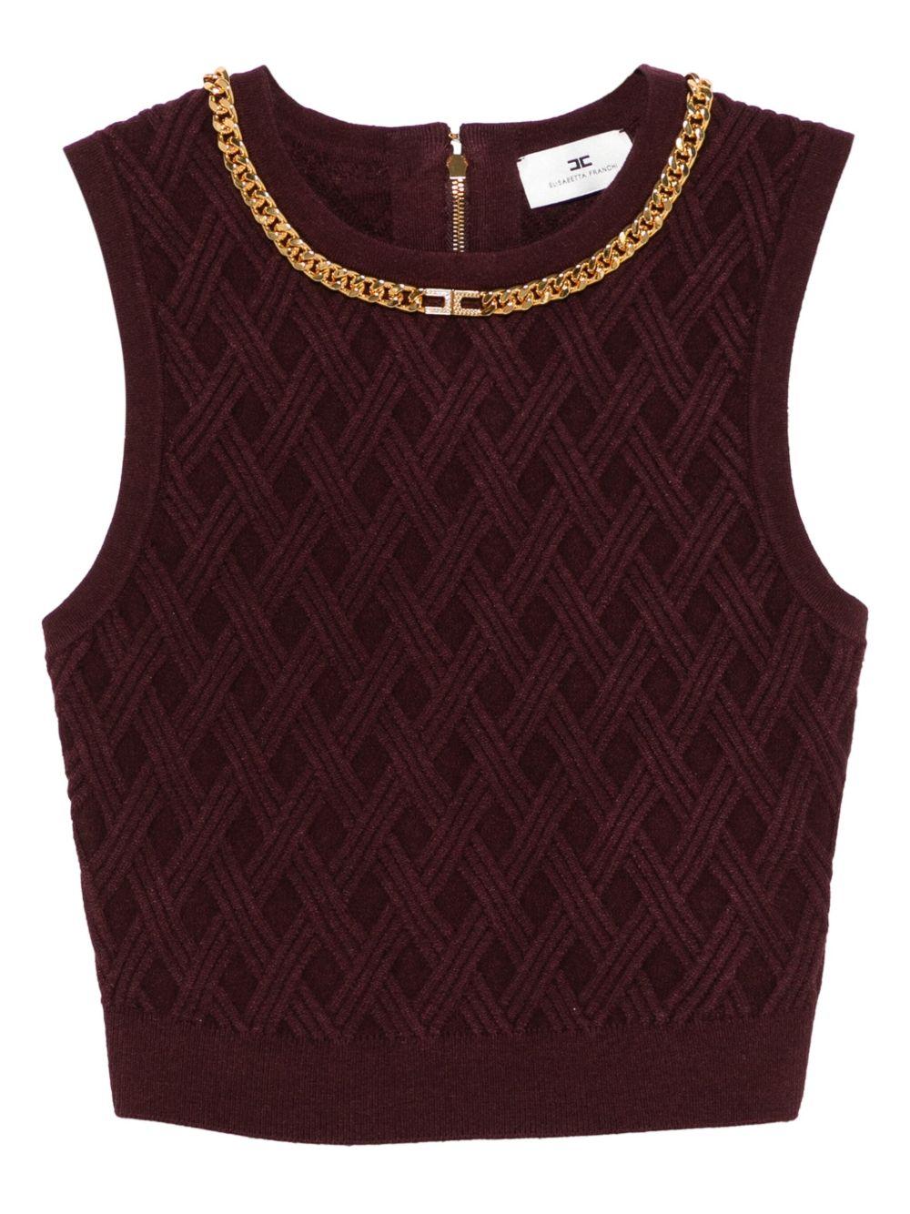 ELISABETTA FRANCHI Top in maglia a rombi bordeaux e dettaglio gioiello 