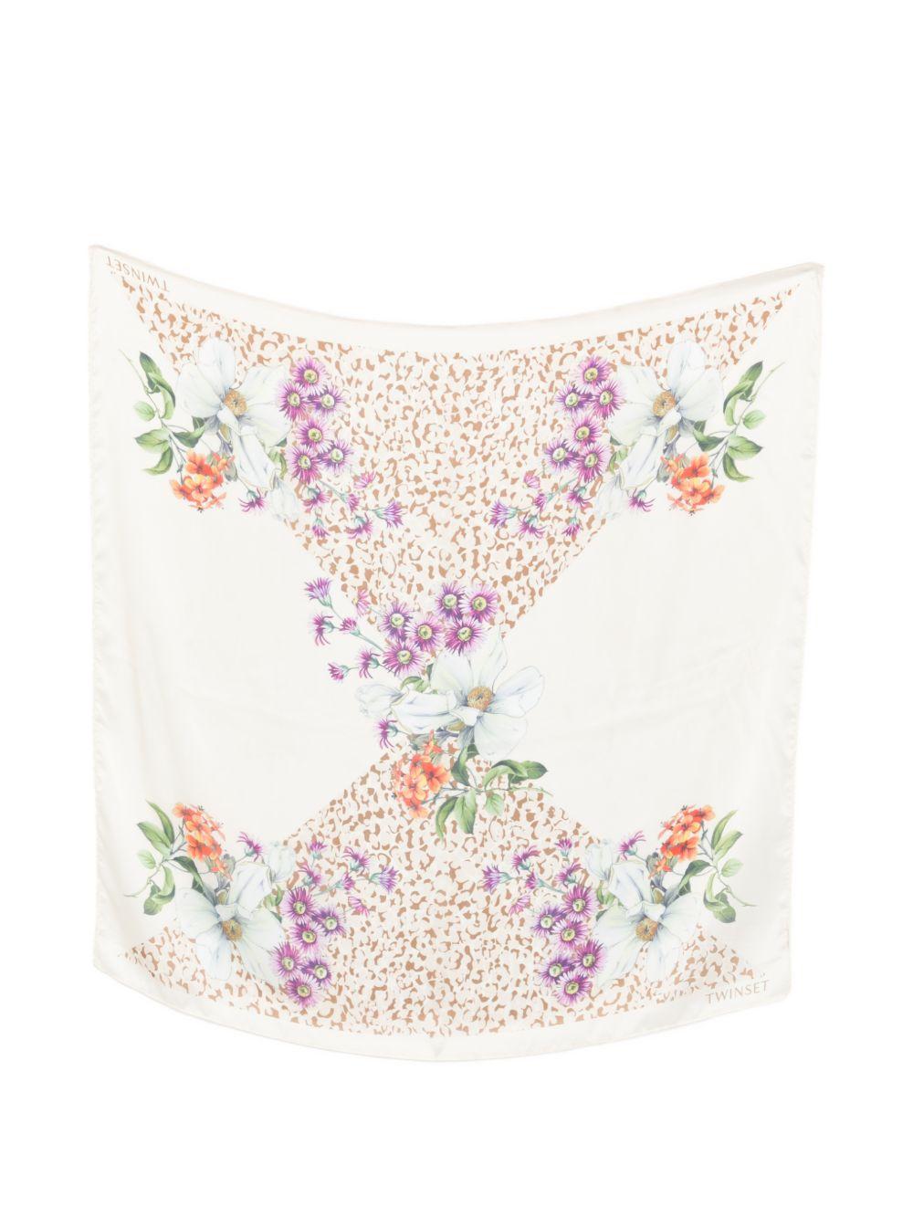 TWINSET Foulard avorio con stampa floreale e leopardata 