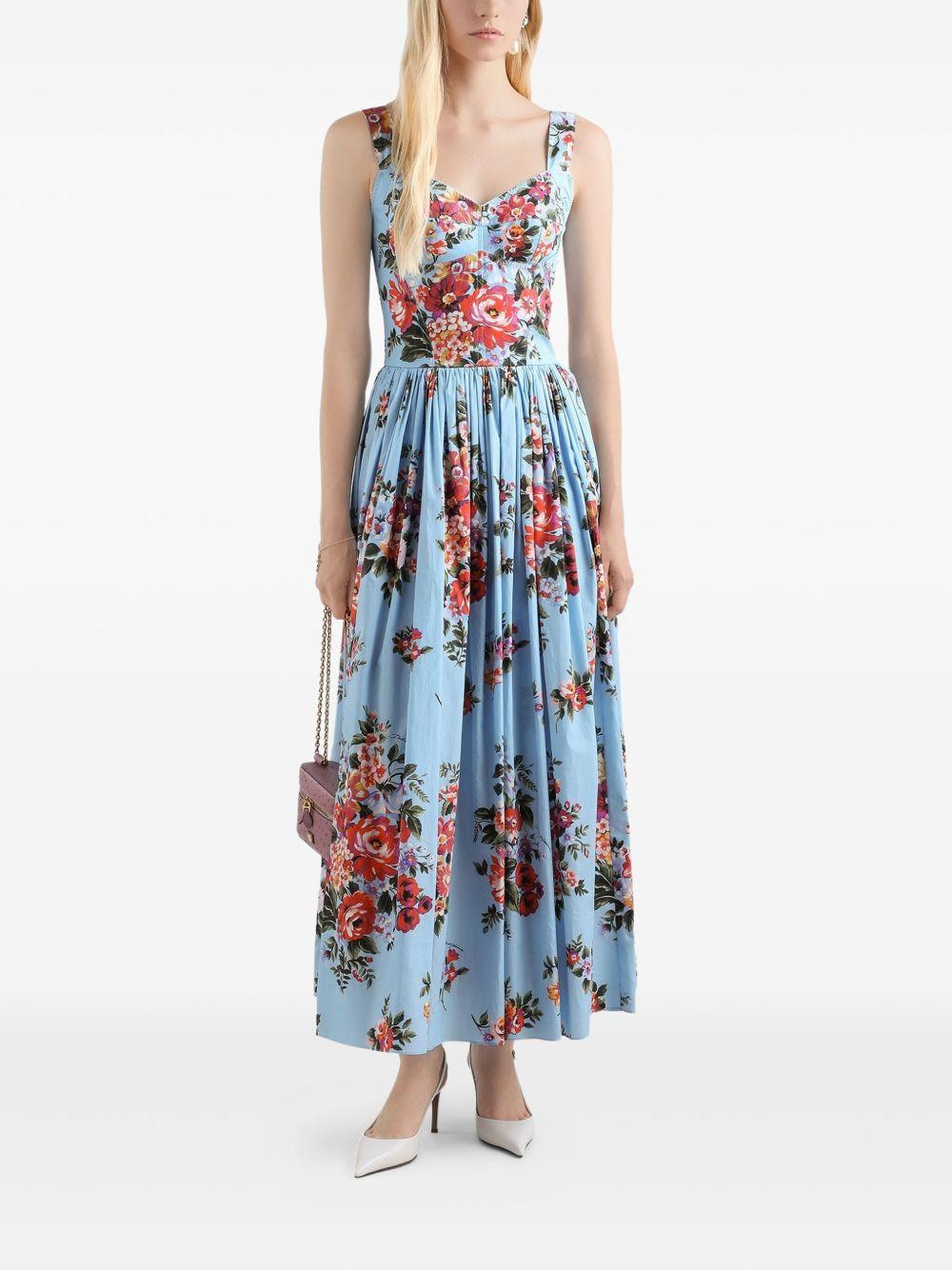 DOLCE e GABBANA Abito lungo in cotone celeste con stampa floreale 
