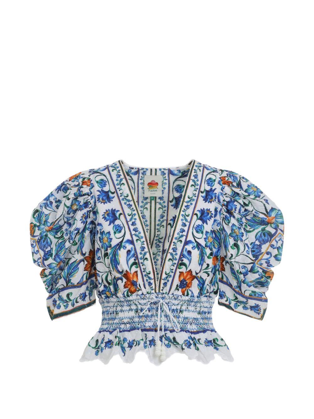 FARM RIO Blusa con maniche a palloncino e stampa floreale blu 