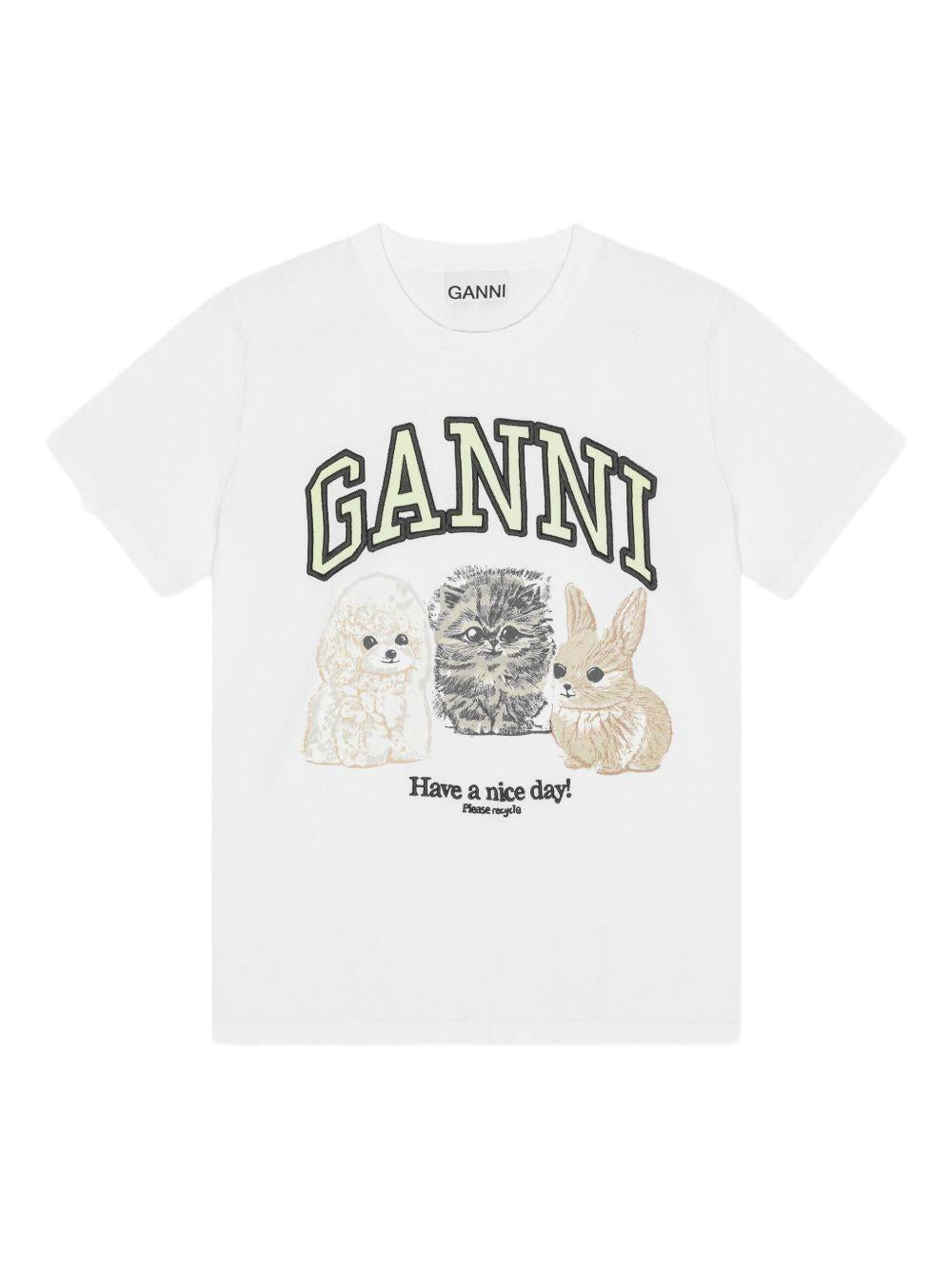 GANNI T-shirt girocollo in cotone bianco a maniche corte 