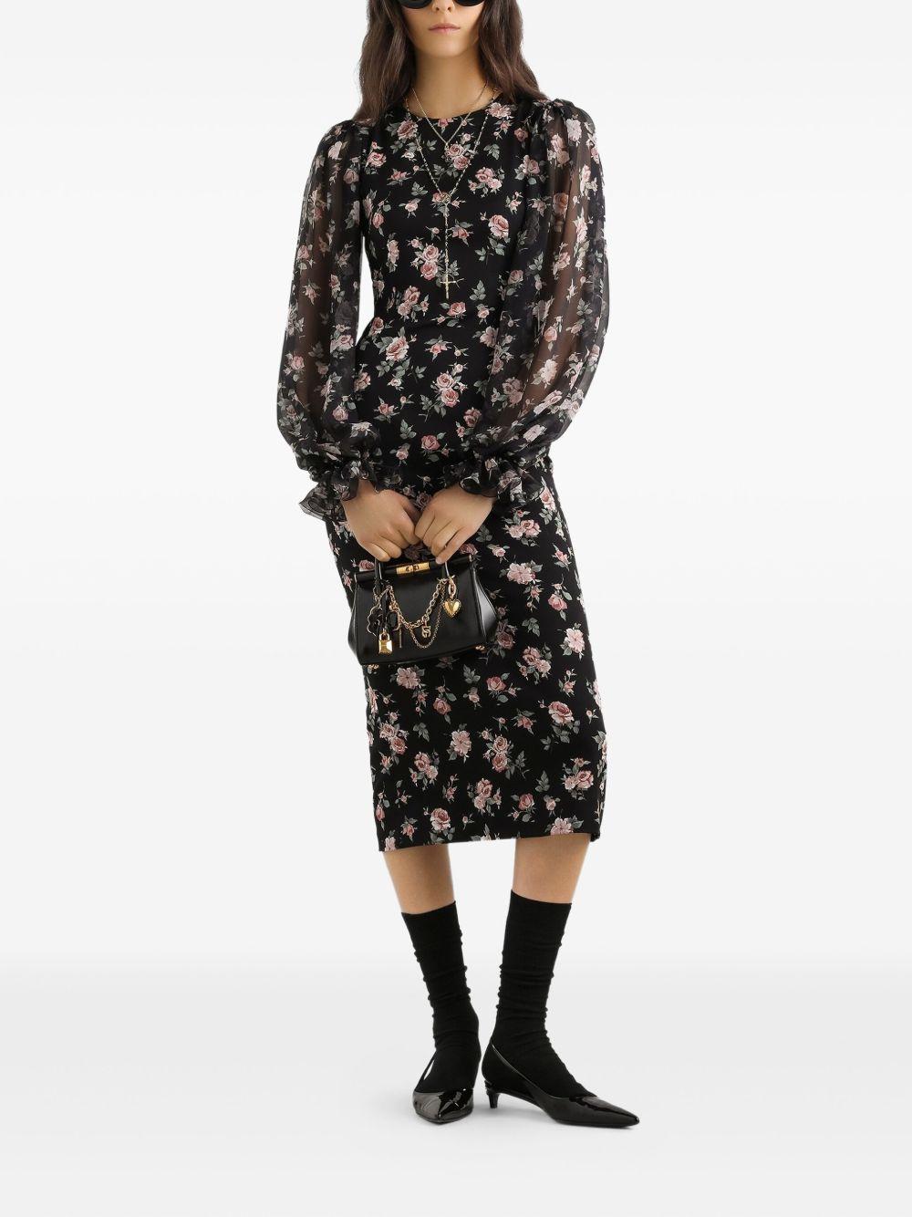 DOLCE e GABBANA Abito midi nero aderente con stampa floreale 