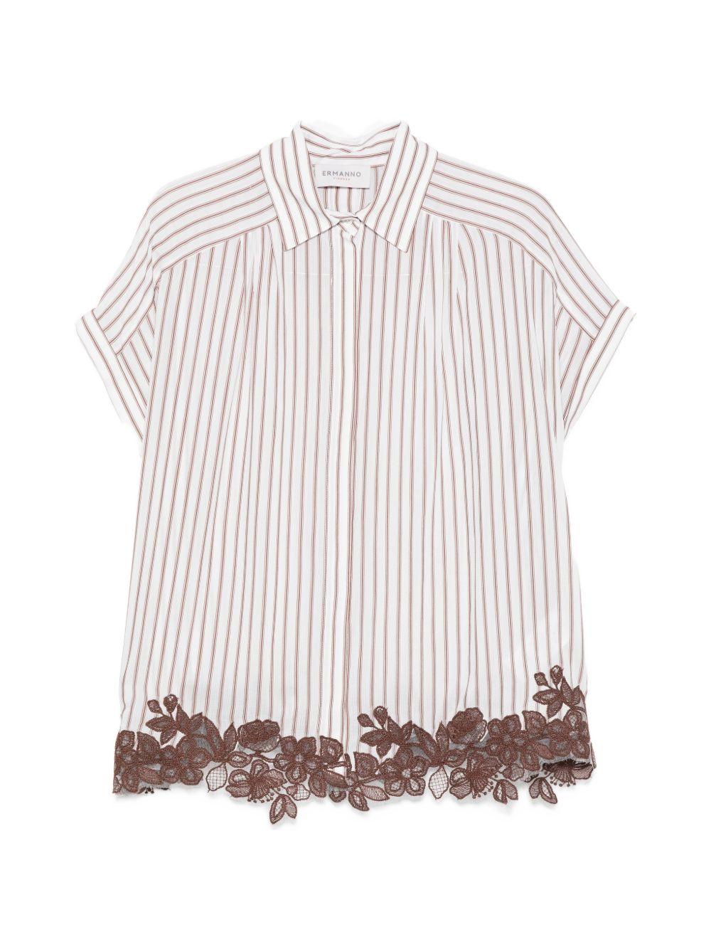 ERMANNO FIRENZE Camicia a righe bianca e marrone con dettagli floreali in pizzo 