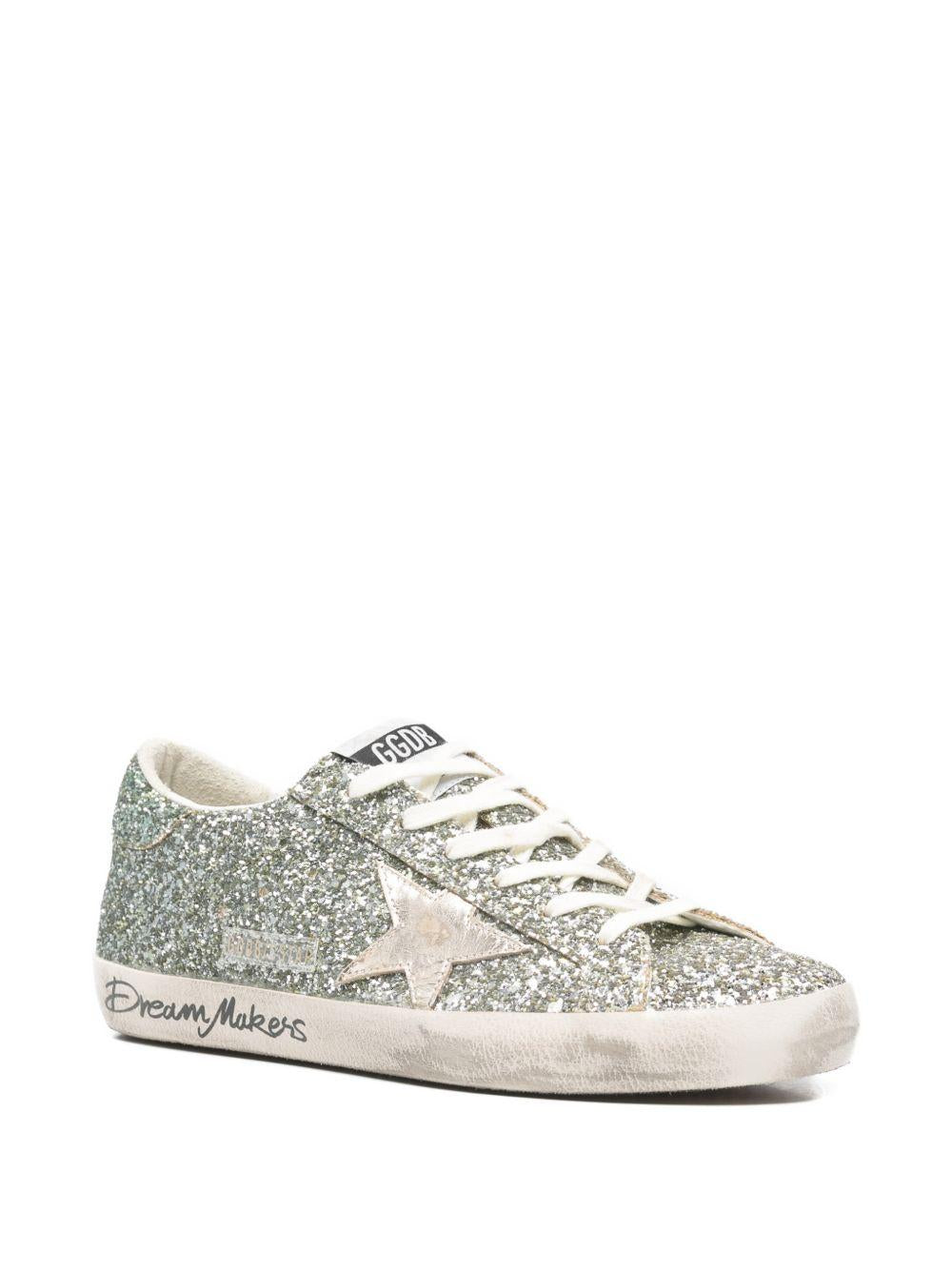 GOLDEN GOOSE Sneakers Super-Star in glitter argento con stella in suede grigio ghiaccio 