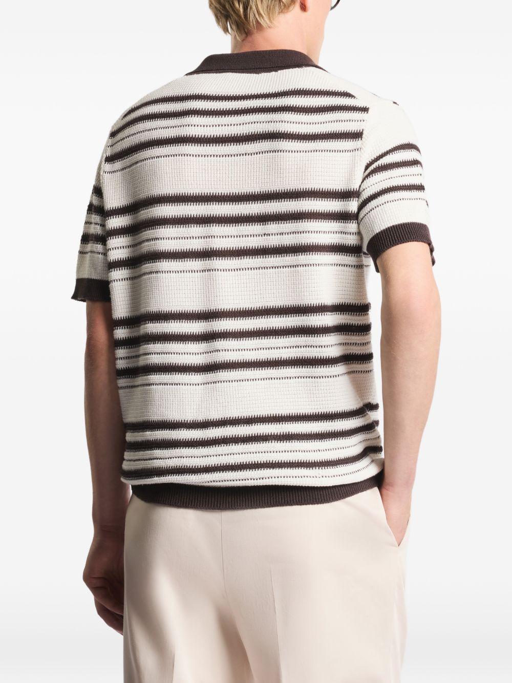 FAY Polo in maglia bianca e marrone a righe con scollo a V 