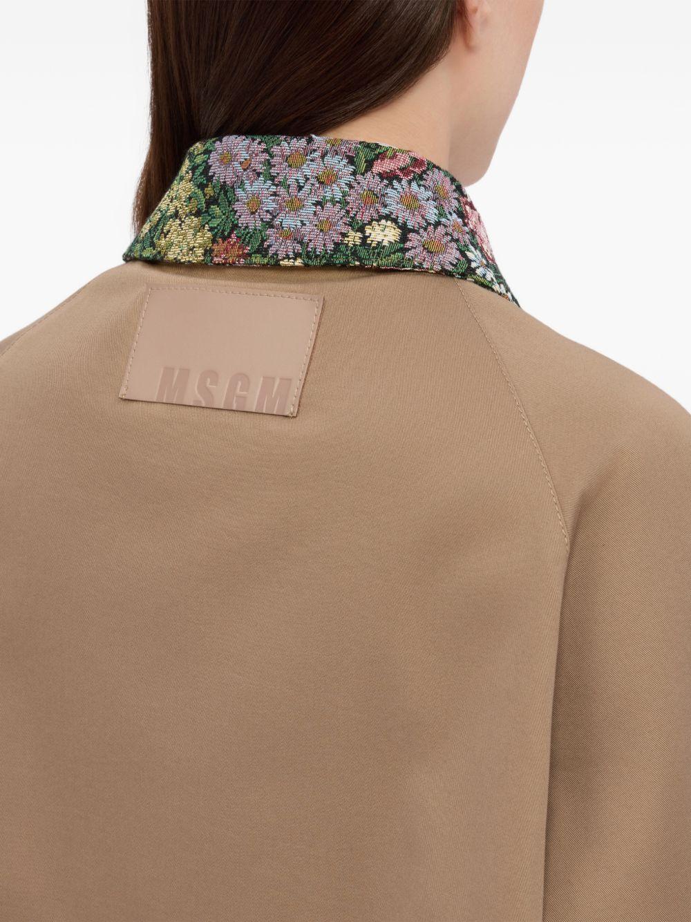 MSGM Giacca cropped in cotone marrone con dettagli floreali 
