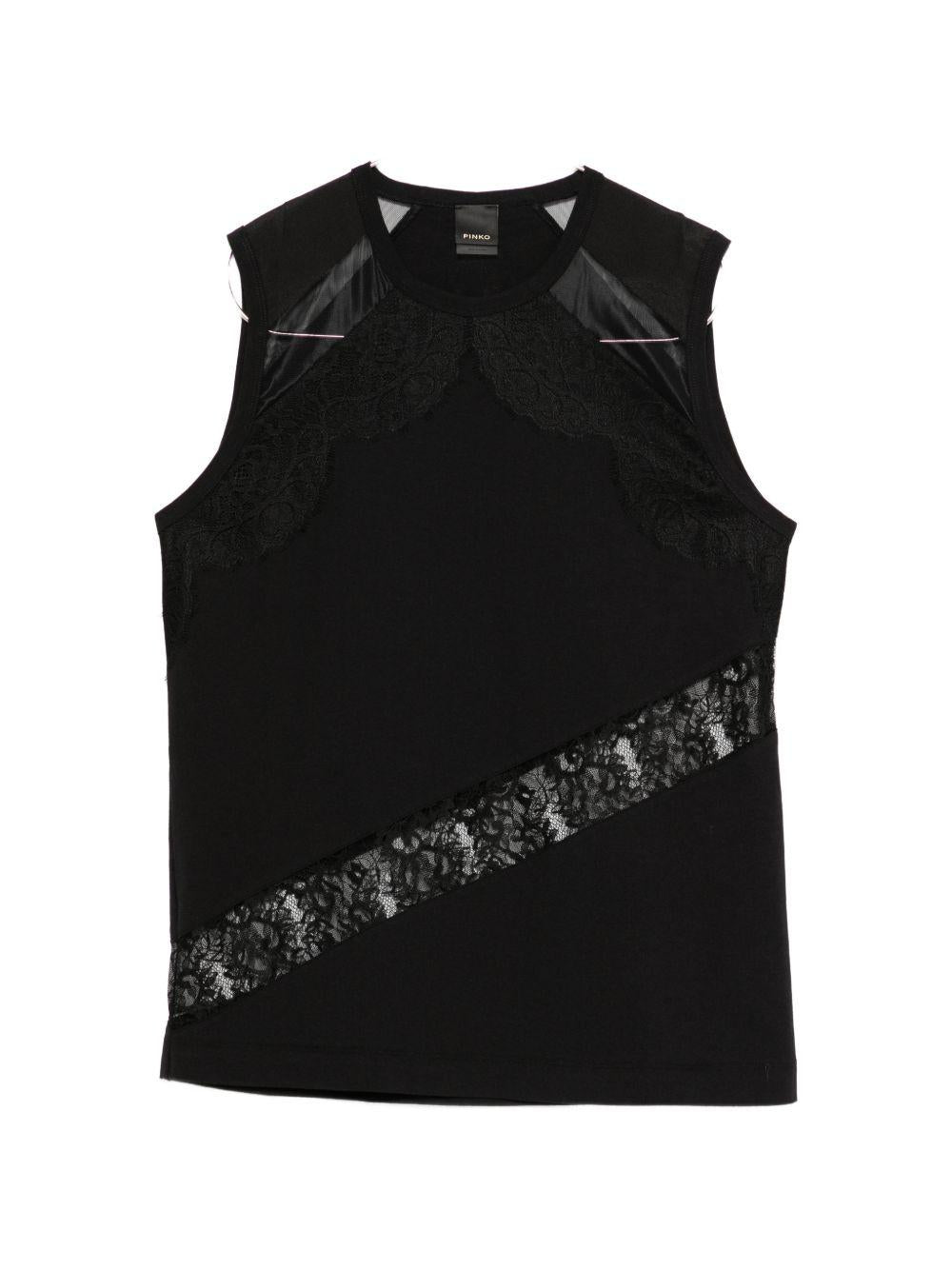 PINKO T-shirt Molly in cotone nero con pizzo 