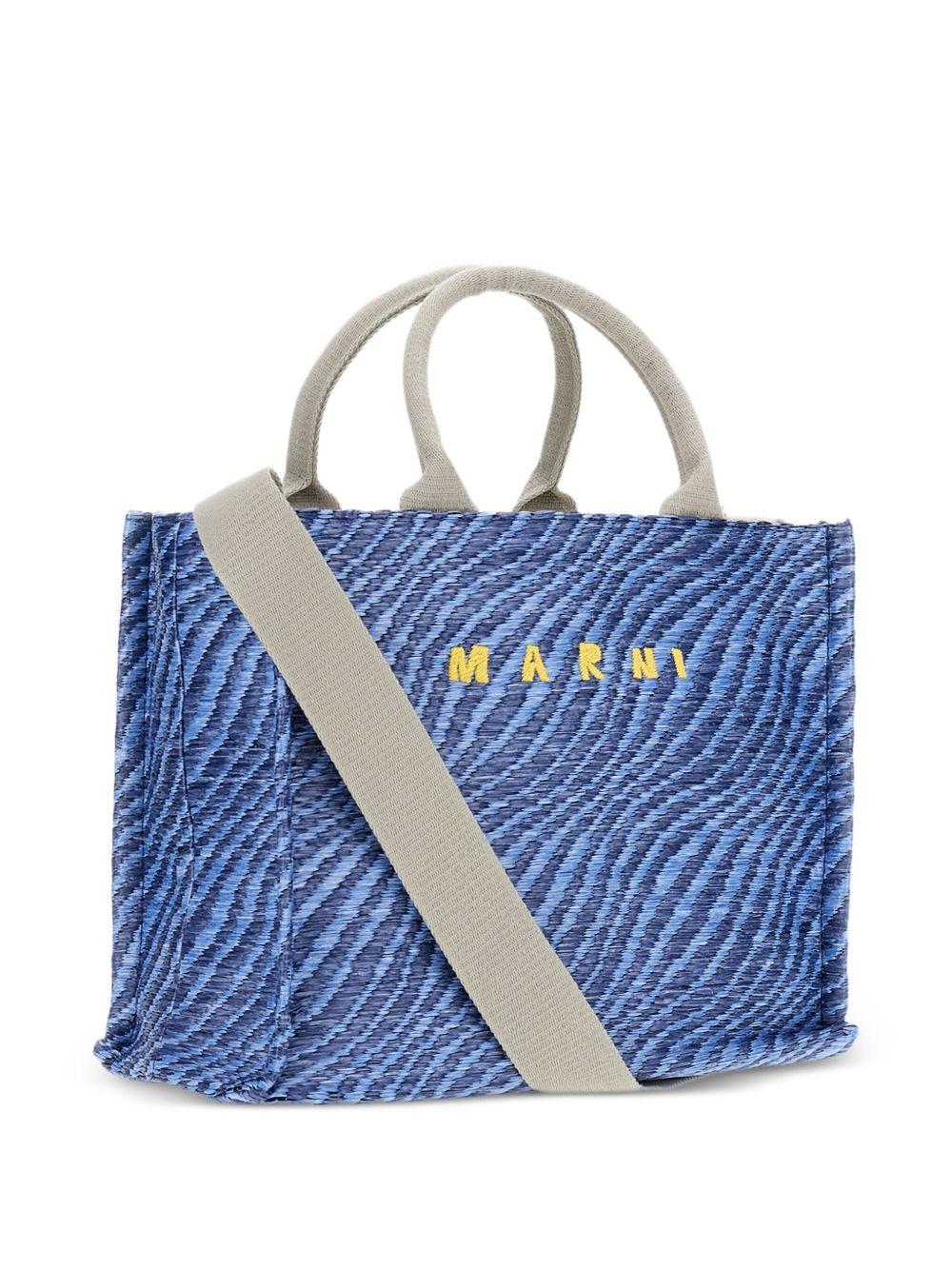 MARNI Borsa tote motivo zebrato blu con logo e tracolla 