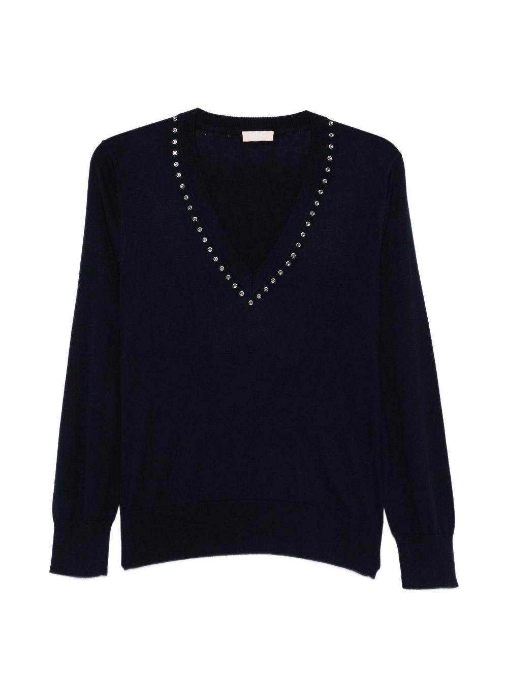 LIUJO Maglia blu con scolloa V e borchiette 