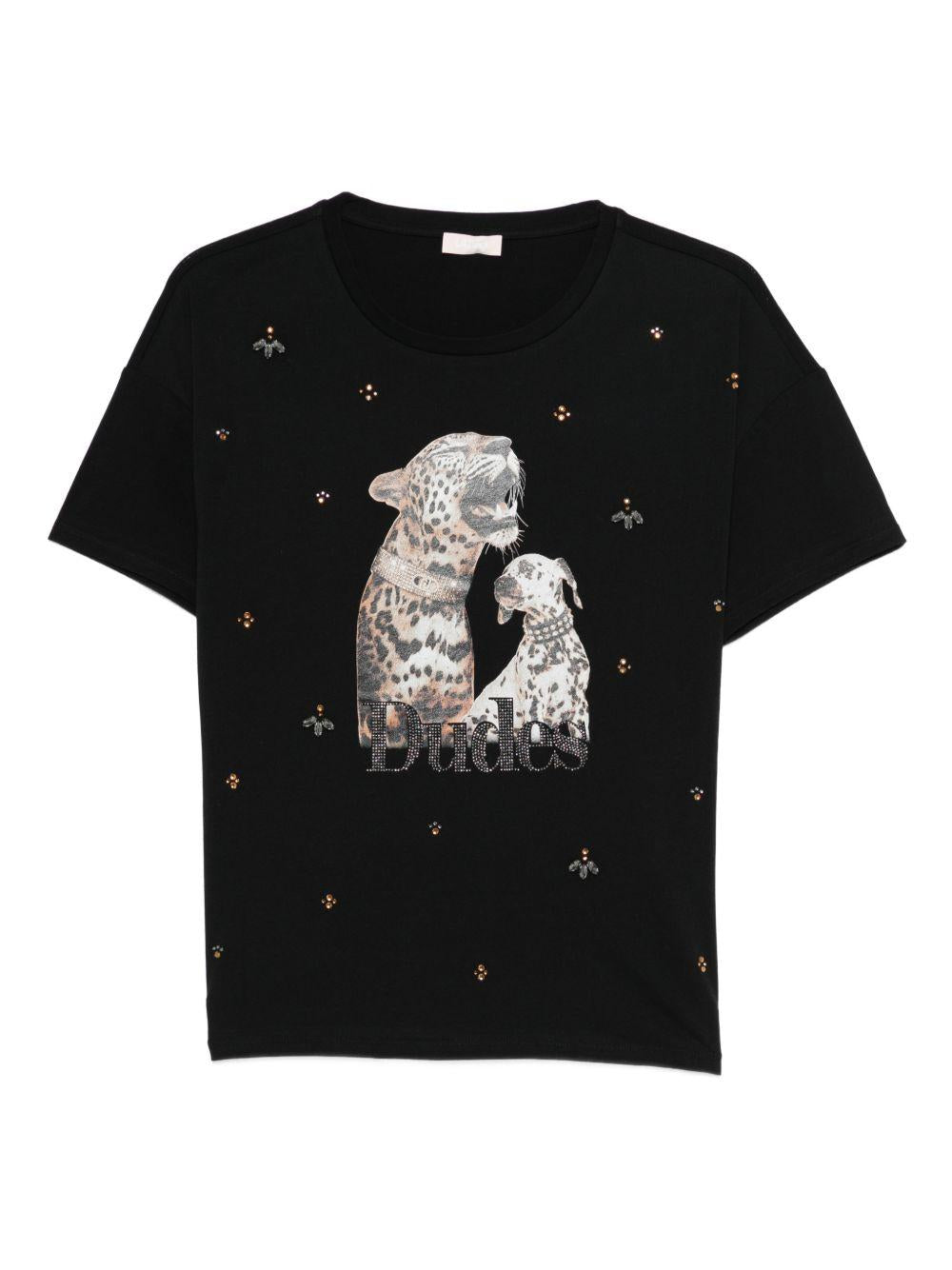 LIUJO T-shirt Dudes nera con stampa grafica e strass 