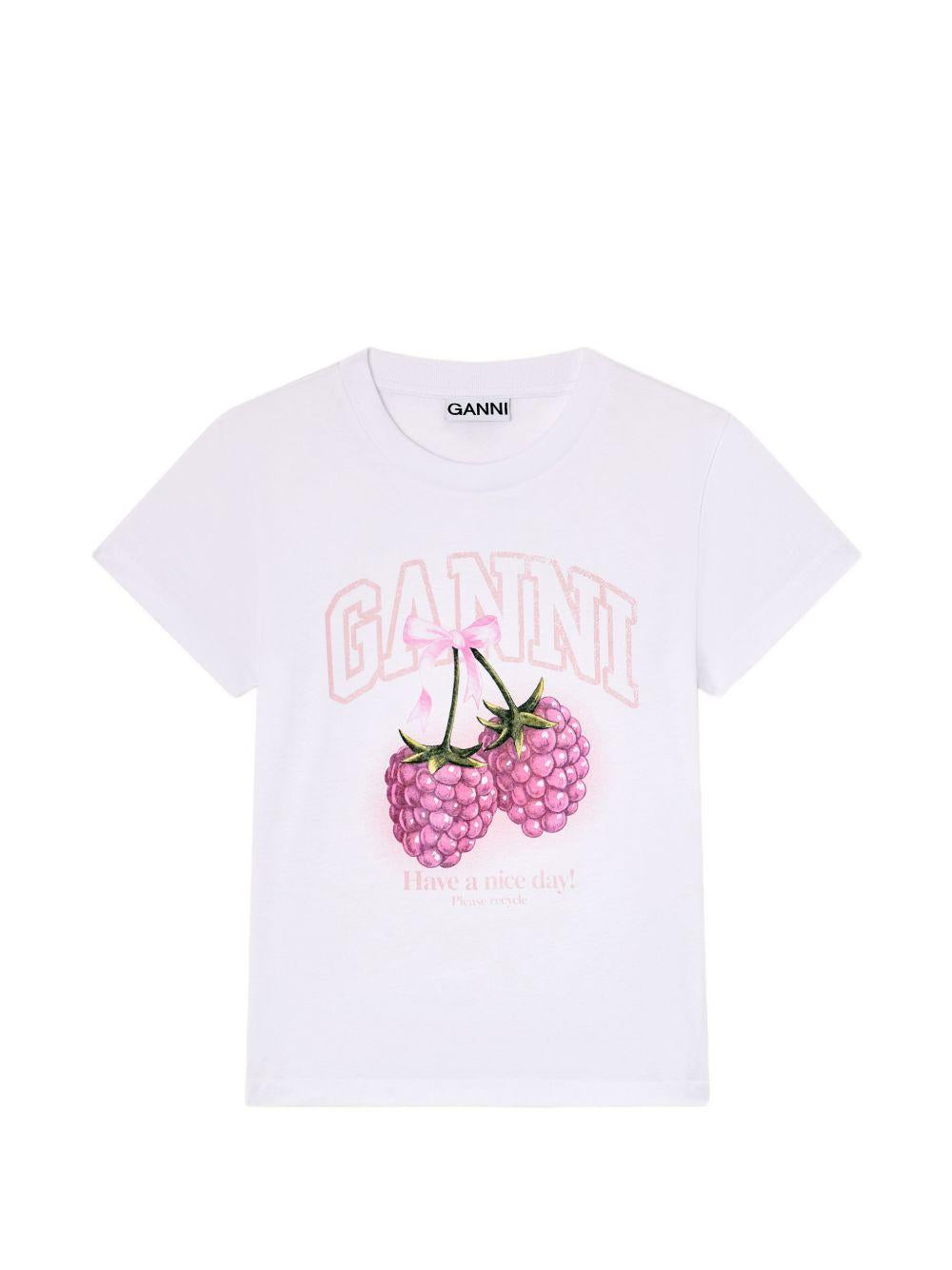 GANNI T-shirt a maniche corte in cotone bianco con stampa 