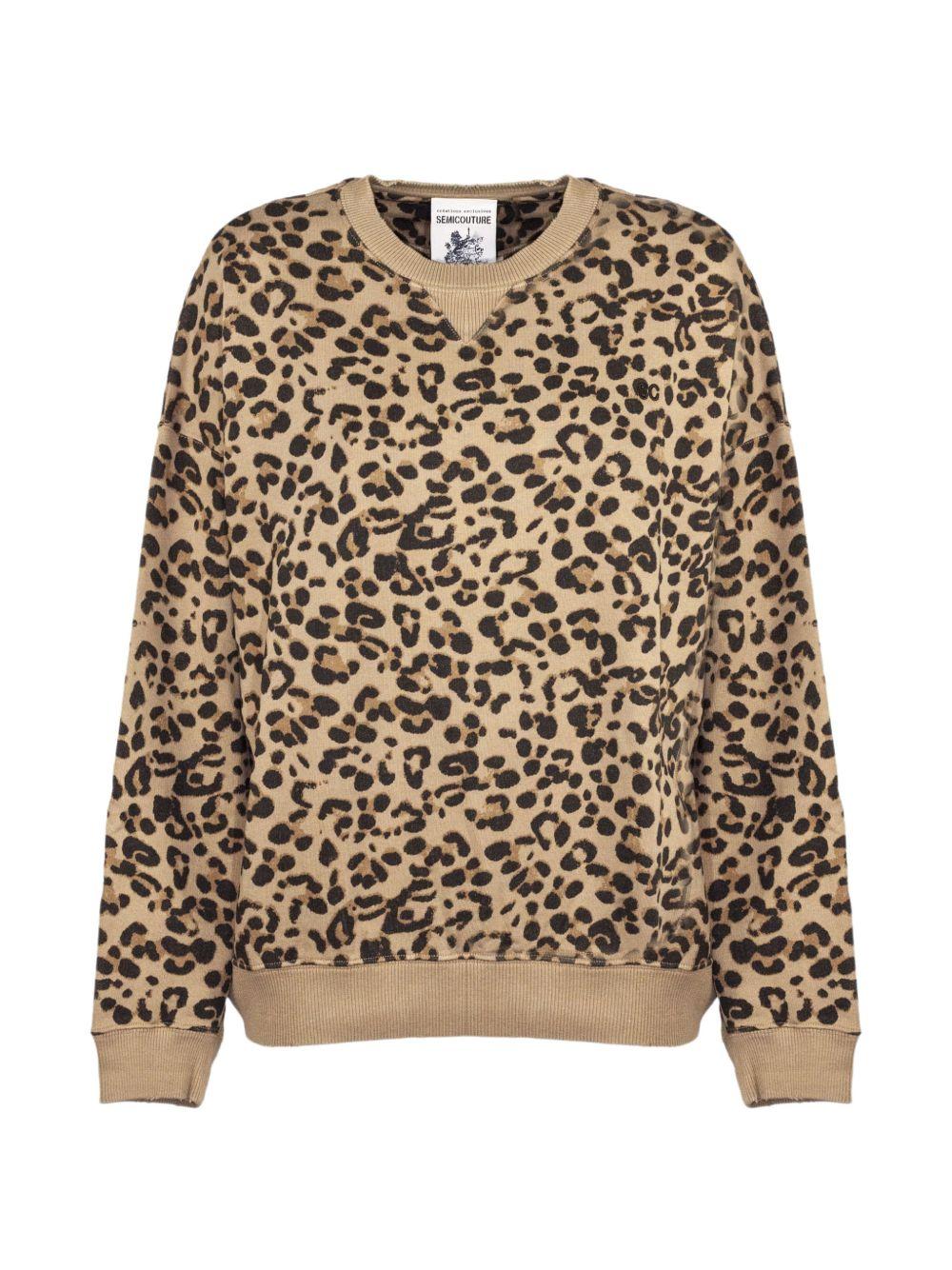 SEMICOUTURE Felpa girocollo in cotone leopardato 