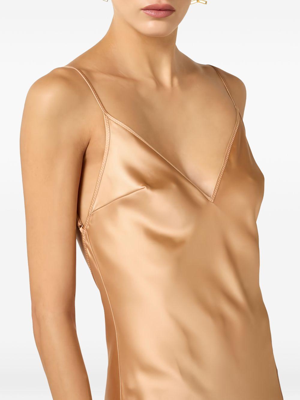 ELISABETTA FRANCHI Abito elegante color champagne con scollatura sulla schiena 