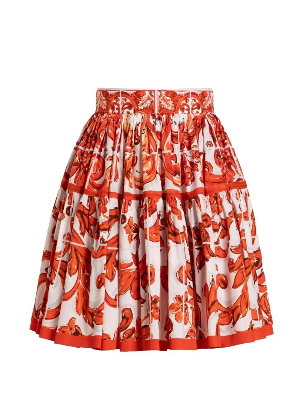 DOLCE e GABBANA Gonna in popeline bianca con stampa Maiolica arancione 