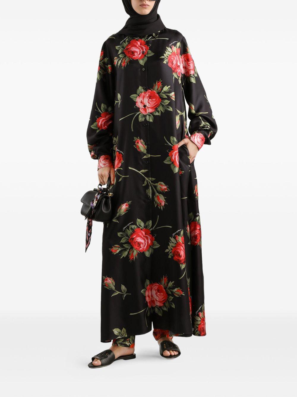 DOLCE e GABBANA Abito lungo nero in seta con stampa floreale 