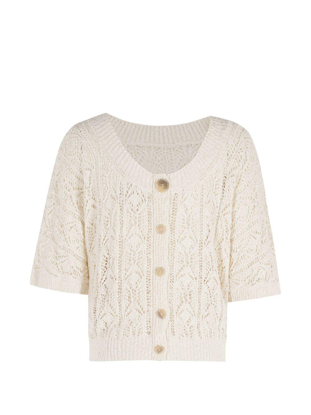SEMICOUTURE Maglia girocollo in crochet avorio con bottoni 