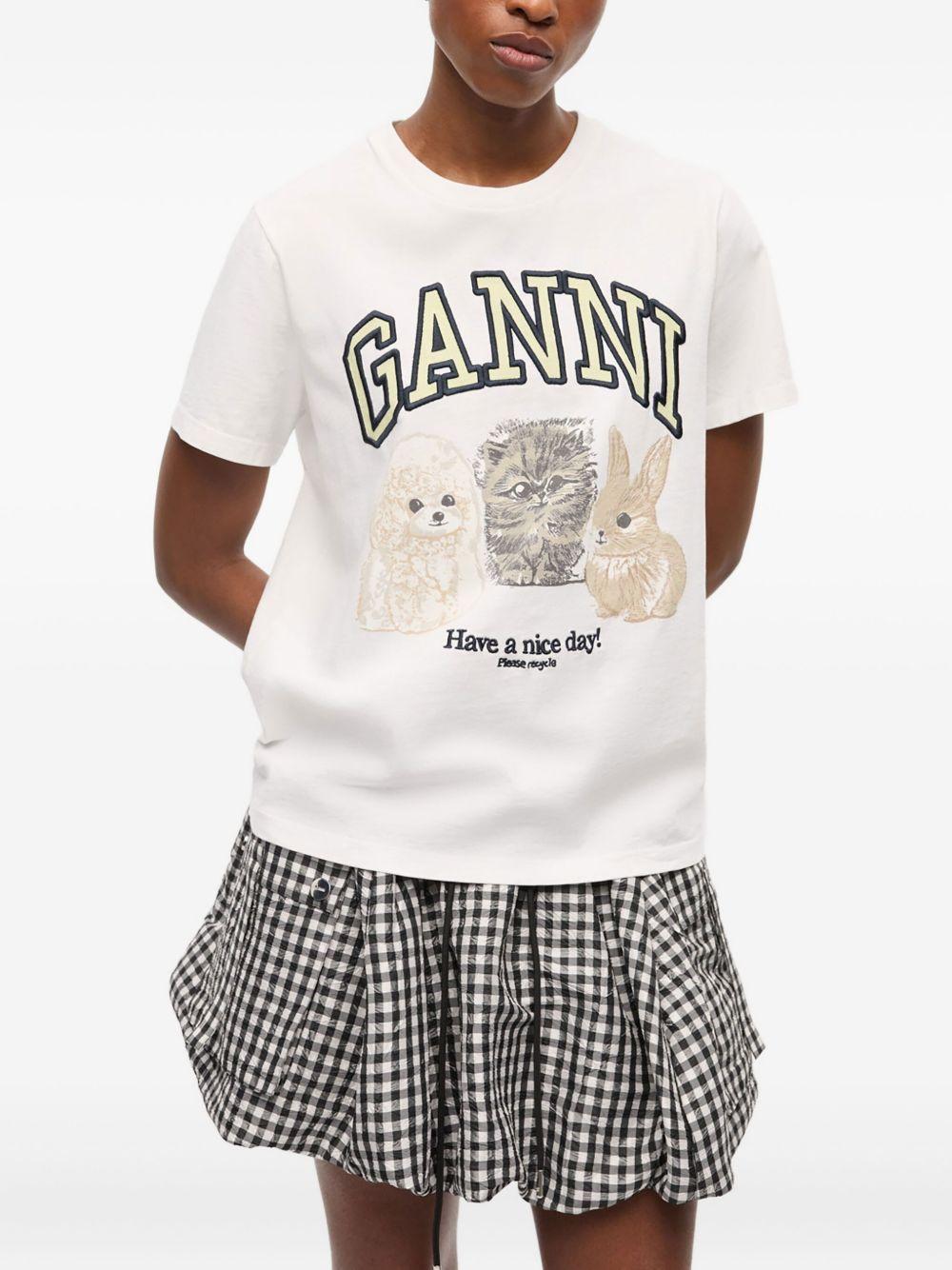 GANNI T-shirt girocollo in cotone bianco a maniche corte 