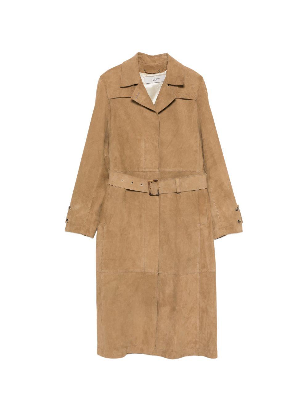 GOLDEN GOOSE Trench lungo in pelle scamosciata beige con cintura 