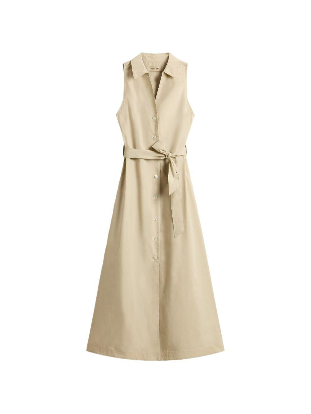 WOOLRICH Abito midi in cotone con scollo a V e cintura 