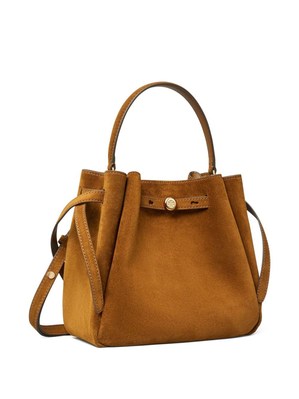 TORY BURCH Borsa a secchiello Romy in suede con tracolla e logo bottone 