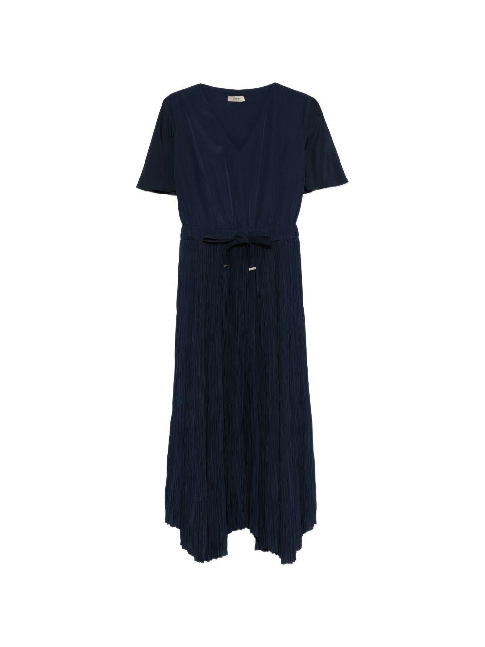 HERNO Abito lungo blu navy con gonna plissettata 