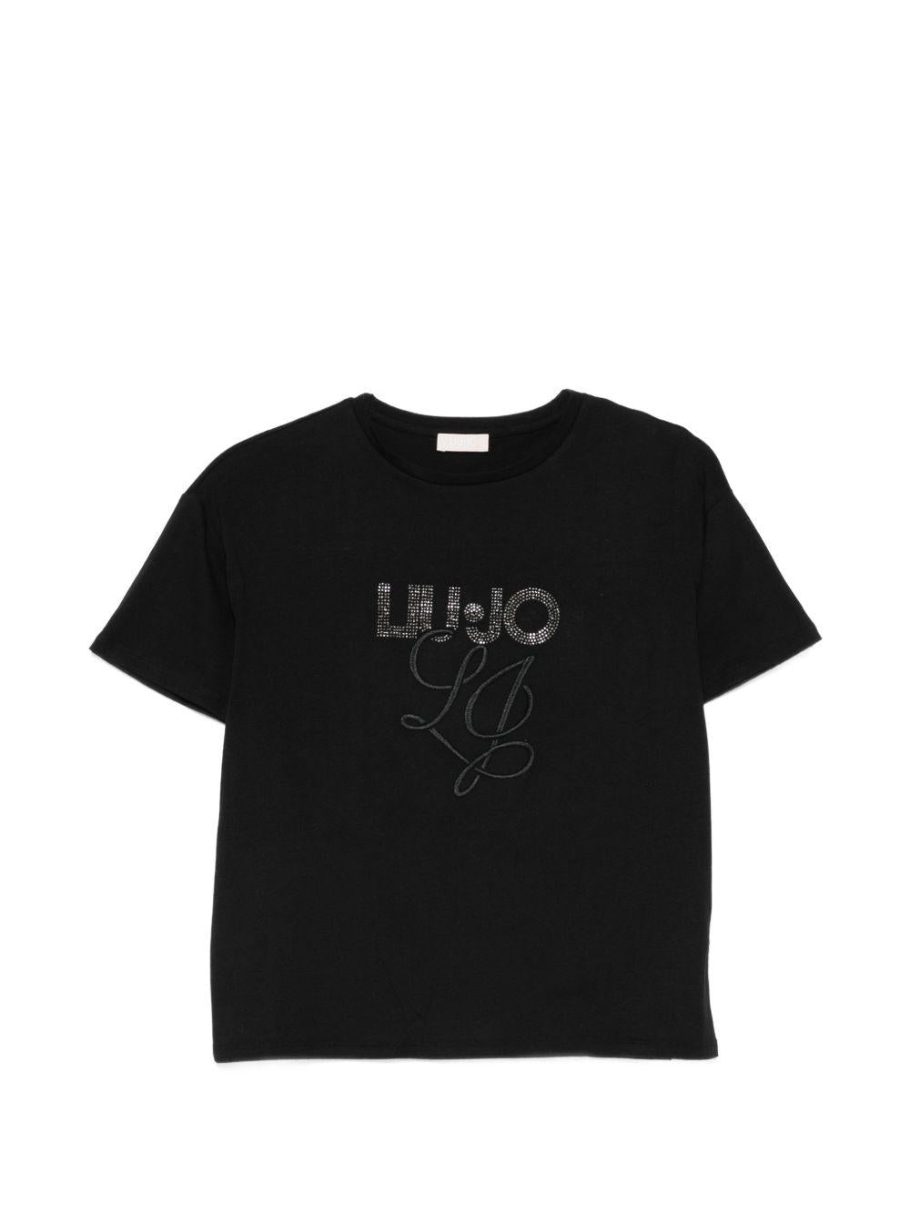 LIUJO T-shirt nera con logo con strass 