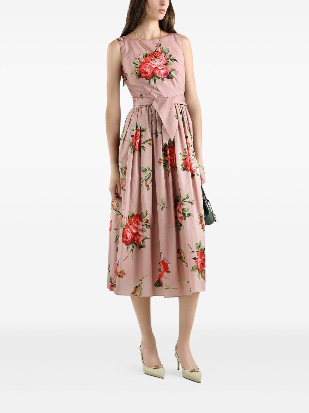 DOLCE e GABBANA Abito midi in cotone rosa con stampa fiori 
