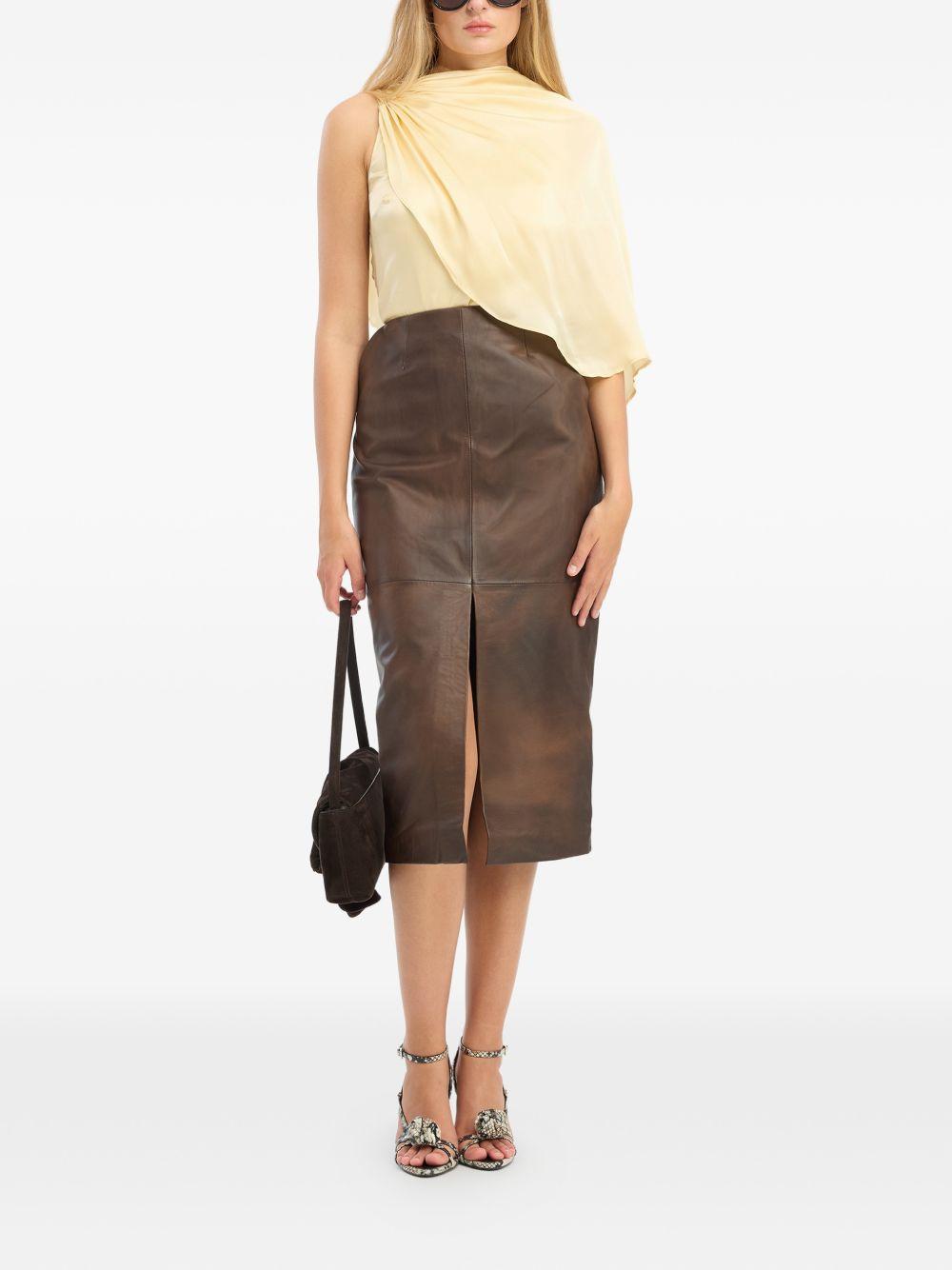 ROTATE Gonna midi in pelle marrone con spacco 