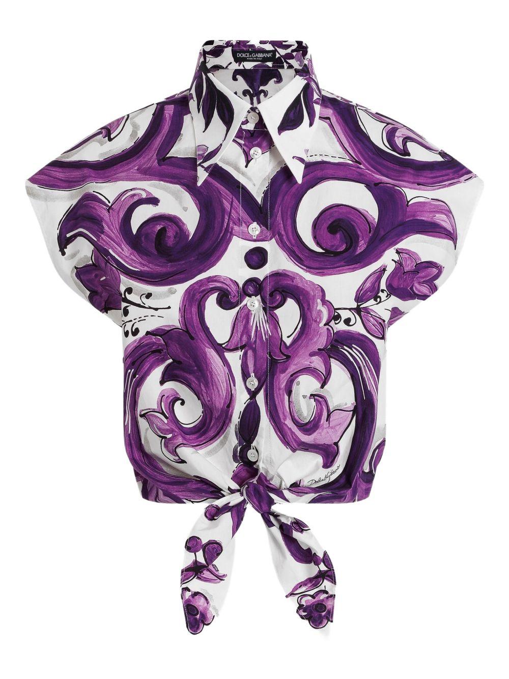 DOLCE e GABBANA Camicia in popeline con stampa maiolica viola 