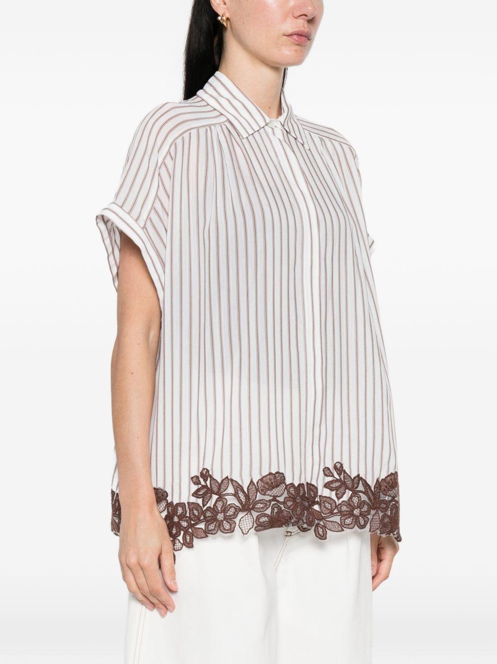 ERMANNO FIRENZE Camicia a righe bianca e marrone con dettagli floreali in pizzo 