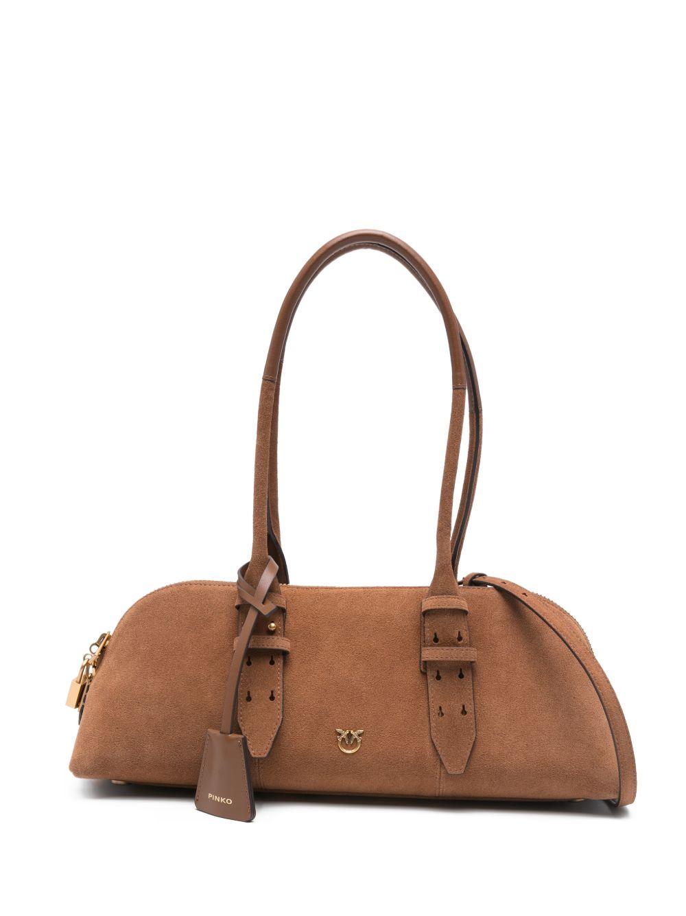 PINKO Borsa a spalla Bowling Bag in pelle scamosciata marrone 