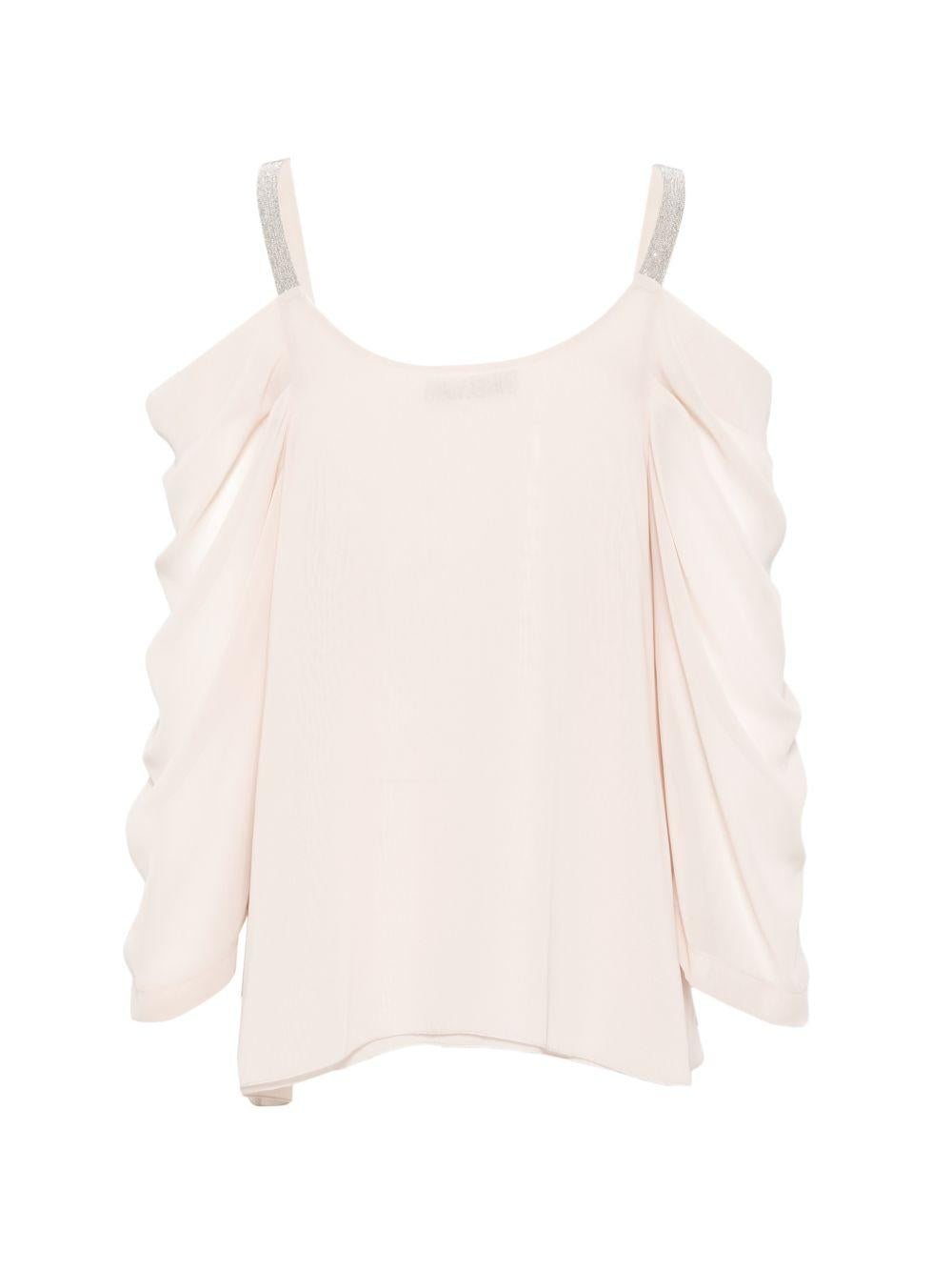 D EXTERIOR Blusa beige chiaro con strass cuciti sulle spalline 
