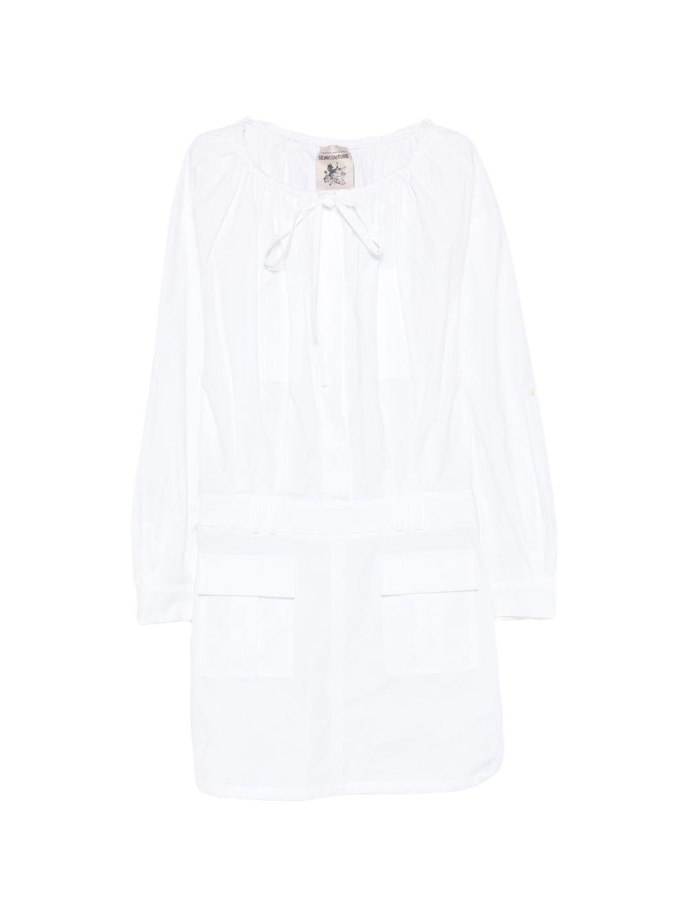 SEMICOUTURE Abito corto Ricarda in cotone bianco con tasche e laccio 