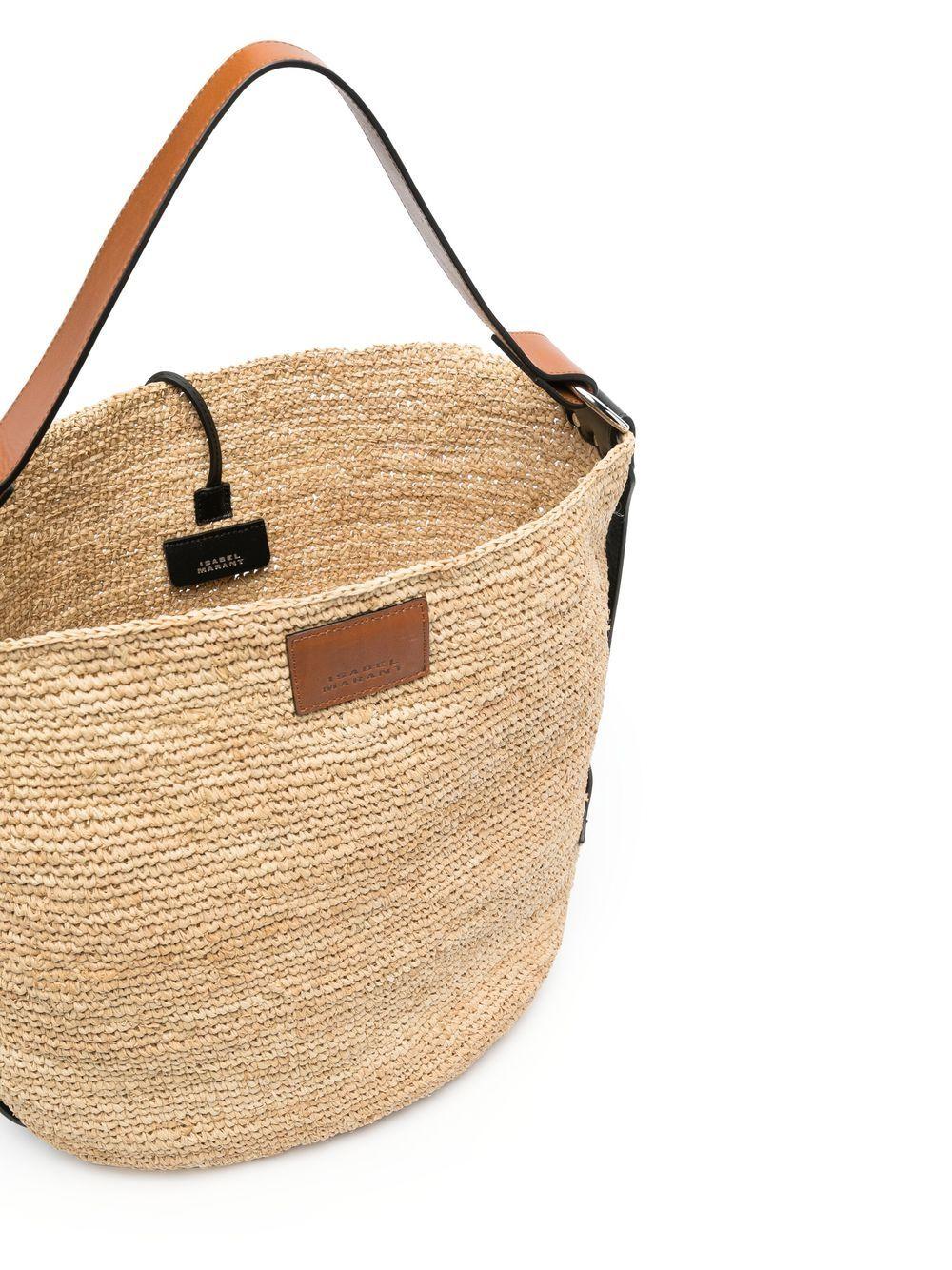 ISABEL MARANT Borsa Bayia a secchiello in rafia beige e pelle 