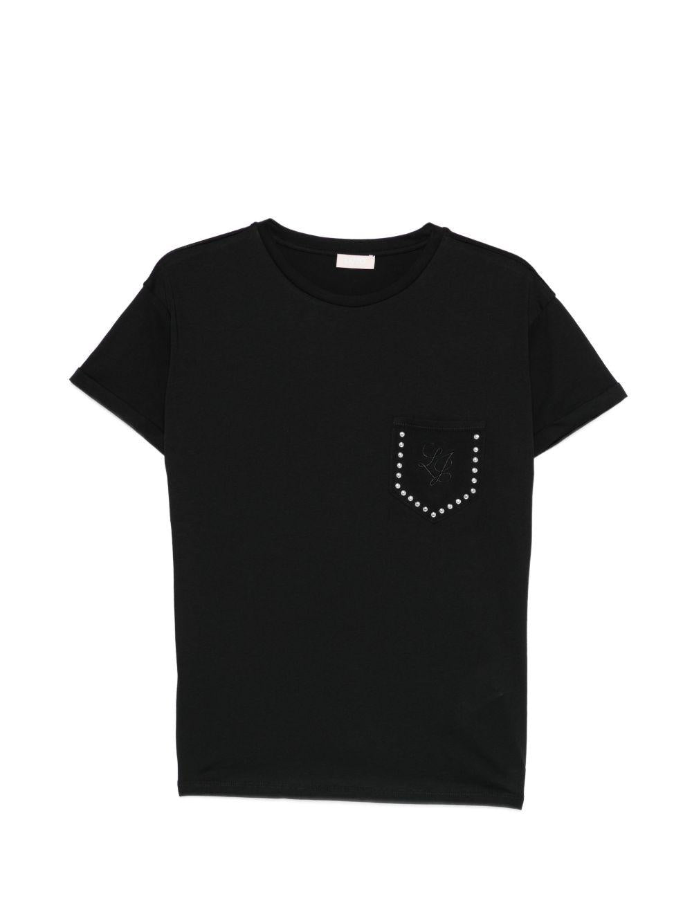 LIUJO T-shirt nera con strass sul petto 