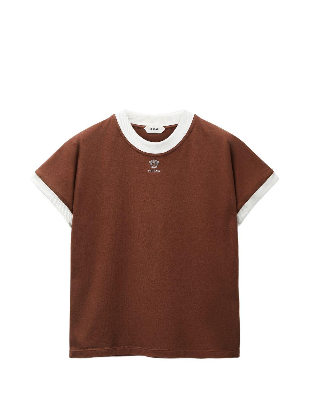 VERSACE T-shirt marrone in cotone con logo Medusa ricamato 